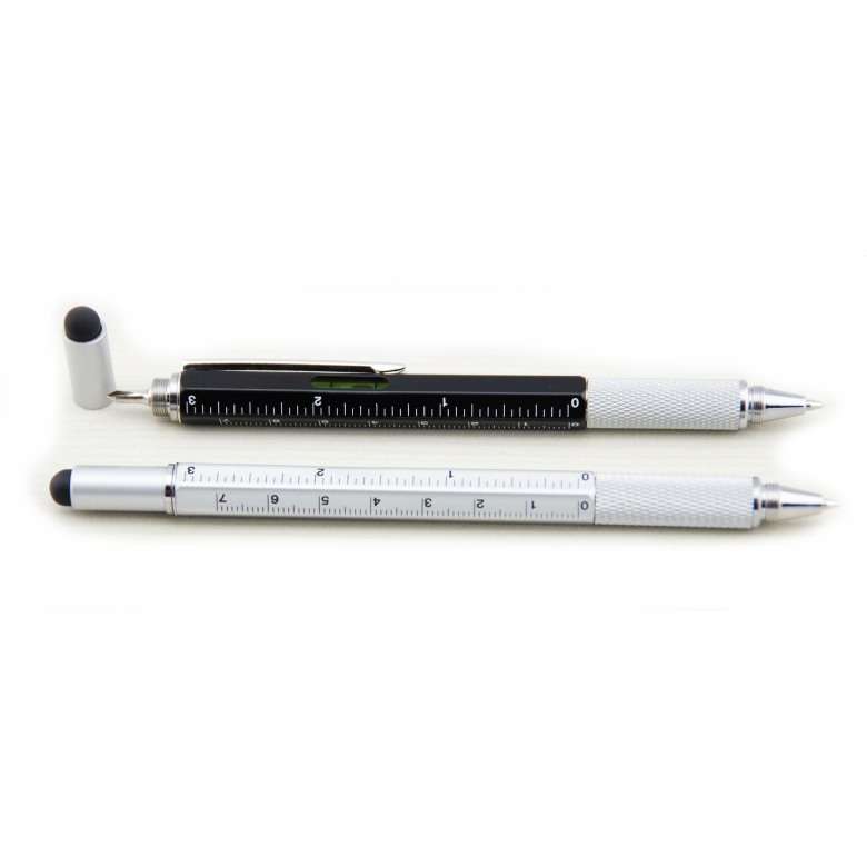 Pen with ruler, spirit level and stylus