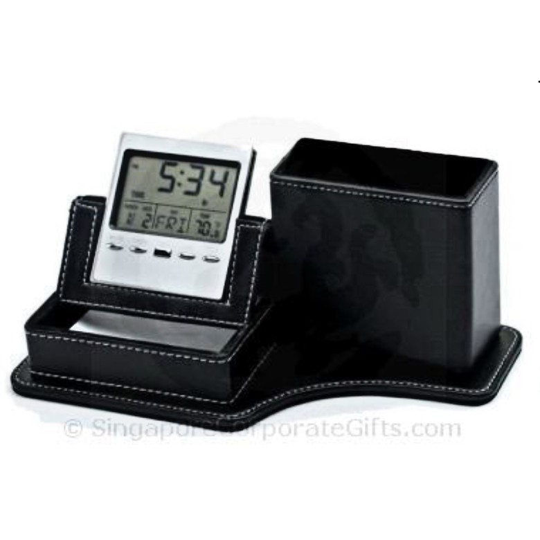 PU leather Pen and Memo Holder with Clock and Calendar