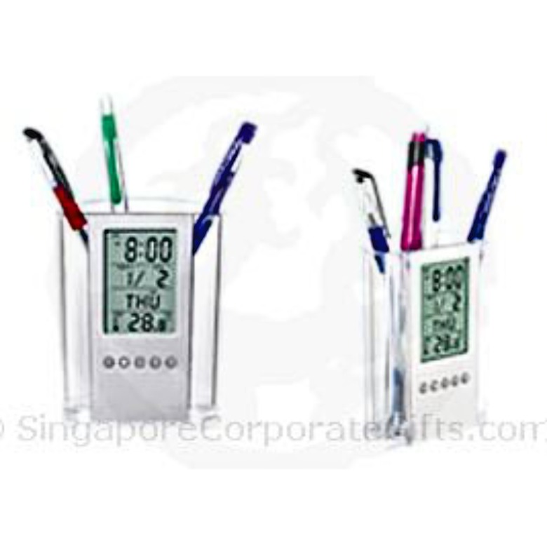 Pen Holder with Digital Clock, Calendar, Thermometer (Clear)